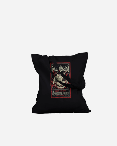 Introducing the Download Admit One Soul Black Tote Bag from Download Festival Shop—a made-to-order, 100% cotton tote bag featuring a bold graphic of a skeleton and the phrases “HALLO QUEEN” and “DOWNLOAD” on the front in striking red, white, and beige. With long handles for convenience, this stylish bag is designed for everyday practicality.