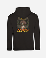 Black hoodie with a graphic design on the back against a white background