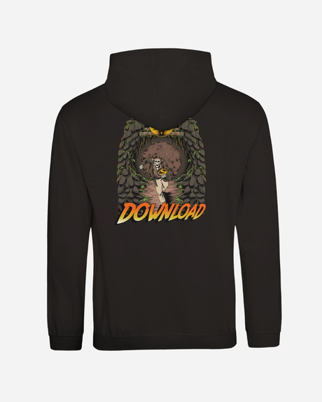 Black hoodie with a graphic design on the back against a white background