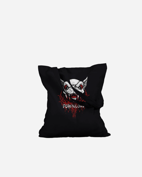 The Download Festival Shop Download Vampire Black Tote Bag is a made-to-order black tote featuring a snarling white wolf mask with piercing red eyes above the word “DOWNLOAD” in dripping, red horror-style text.