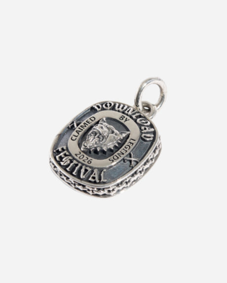 The TGF x Download Necklace by Download 2026 features a raised wolf head and "Download Festival 2026" plus "Claimed by Legends" engraved around the border, displayed on a silver pendant against a white background.