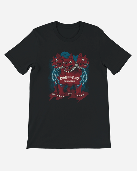Black t-shirt with a red and blue graphic design on a white background