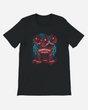 Black t-shirt with a red and blue graphic design on a white background