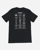 Black t-shirt with white text on the back on a white background