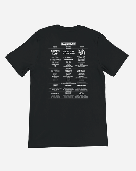 Black t-shirt with white text on the back on a white background