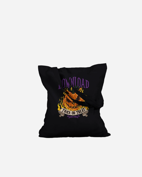 Introducing the Download Trick Or Treat Black Tote Bag from Download Festival Shop—a made-to-order, 100% cotton tote featuring a bold flaming jack-o-lantern and the words “DOWNLOAD” and “TRICK OR TREAT” printed in eye-catching purple and white. This long handle tote bag perfectly blends spooky style with everyday practicality.