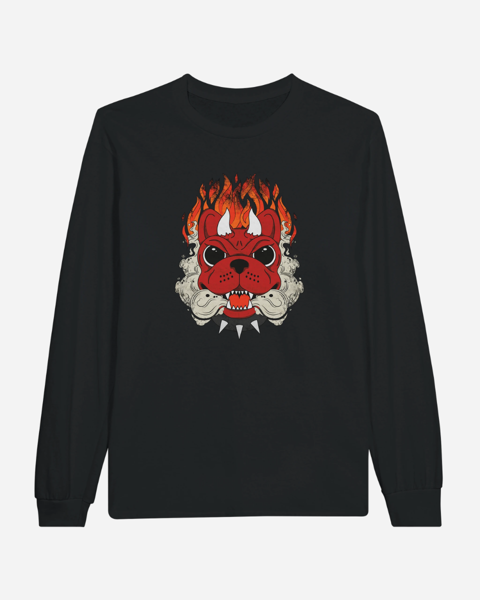 The Download Devil Dog Black Long-Sleeve T-Shirt from Download Festival Shop is a black unisex top featuring a bold graphic of a fierce red dog face with sharp teeth, surrounded by flames and smoke and wearing a spiked collar. This comfortable, casual shirt is perfect for making a bold statement.