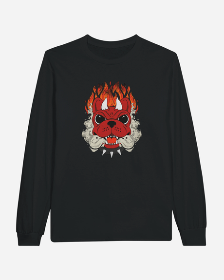 The Download Devil Dog Black Long-Sleeve T-Shirt from Download Festival Shop is a black unisex top featuring a bold graphic of a fierce red dog face with sharp teeth, surrounded by flames and smoke and wearing a spiked collar. This comfortable, casual shirt is perfect for making a bold statement.