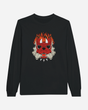 The Download Devil Dog Black Long-Sleeve T-Shirt from Download Festival Shop is a black unisex top featuring a bold graphic of a fierce red dog face with sharp teeth, surrounded by flames and smoke and wearing a spiked collar. This comfortable, casual shirt is perfect for making a bold statement.