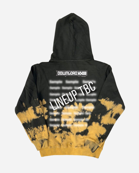 The PRE-ORDER 2026 Exclusive Tie Dye Line-Up Hoodie from Download Festival Shop features a black and yellow design with bold DOWNLOAD XXIII and LINEUP TBC text, plus blurred accents hinting at an exclusive event lineup.