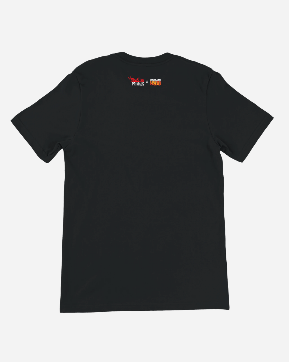 Black unisex t-shirt from Download Festival Shop shown from the back, with small, colorful logo text near the neckline reading The Primals x Download Festival 2026. Made of soft Airlume combed cotton and vibrant DTG printing on a plain background.