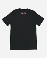Black unisex t-shirt from Download Festival Shop shown from the back, with small, colorful logo text near the neckline reading The Primals x Download Festival 2026. Made of soft Airlume combed cotton and vibrant DTG printing on a plain background.