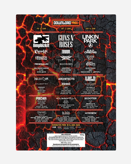 2026 Download Family XXIII Countdown Calendar features a fiery lava-themed design, band listings by day, and headliner highlights. Includes info on a limited edition metal pin badge. Event dates: June 8–10, 2007.