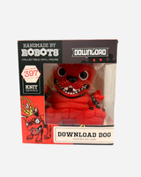 The Download 2026 Hand Made by Robots Download Vinyl Dog features big eyes, sharp teeth, and a studded collar in a unique knit design from KNIT Series 397, displayed in a signature Handmade by Robots box.