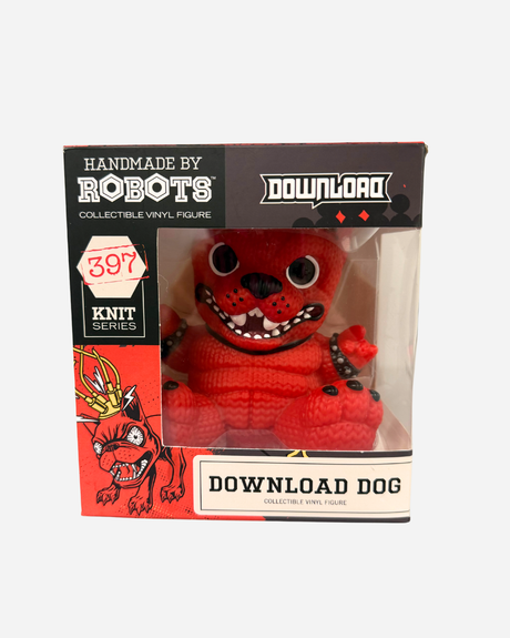 The Download 2026 Hand Made by Robots Download Vinyl Dog features big eyes, sharp teeth, and a studded collar in a unique knit design from KNIT Series 397, displayed in a signature Handmade by Robots box.
