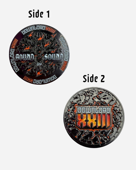 The Download Family Collector's Coin by 2025 features DOWNLOAD BOUND BY SOUND with intricate designs on one side and DOWNLOAD XXIII in bold on a textured reverse. Both sides have a dark, officially licensed, detailed look.