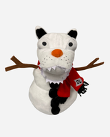 A Download Snowdog Plush from Download 2026, styled as a white tiger with black ears, an orange nose, felt teeth, stick arms, and a red scarf featuring the DU logo.