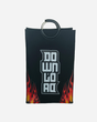 The Wash Pit Laundry Bag by Download 2026 is a black rectangular tote with a round handle, bold white DOWNLOAD text running vertically, and red-orange flames rising from the bottom.
