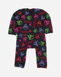 The Download 2026 Retro Multi Dog Sleepsuit is a full-length black onesie with long sleeves, featuring colorful cartoon dog faces and the word DOWNWARD in red lettering repeated across the fabric.
