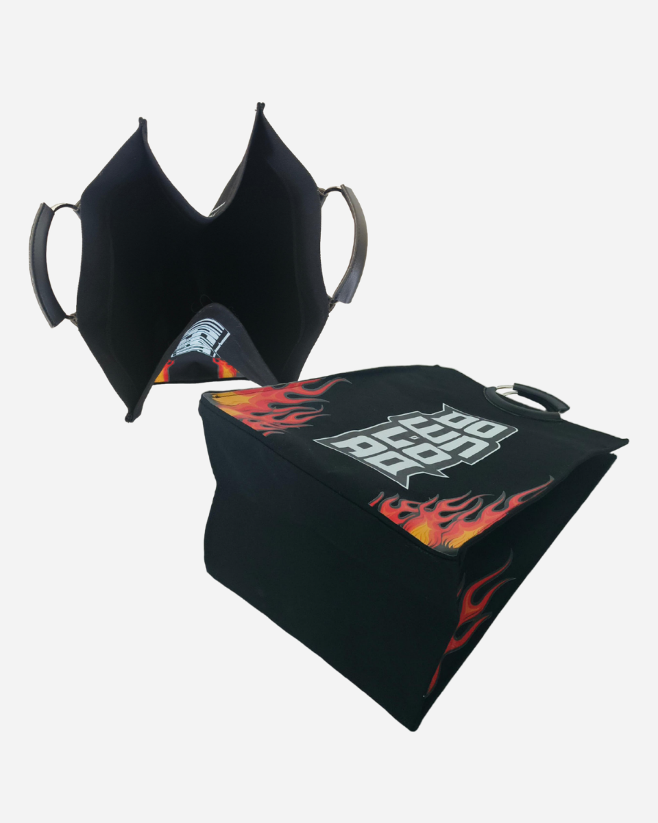 Two black cube-shaped fabric Wash Pit Laundry Bags from Download 2026, each with handles, feature red and yellow flame designs and white "YOU WONT WIN" text, displayed on a white background.