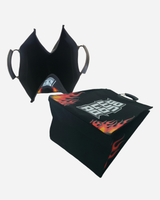 Two black cube-shaped fabric Wash Pit Laundry Bags from Download 2026, each with handles, feature red and yellow flame designs and white "YOU WONT WIN" text, displayed on a white background.