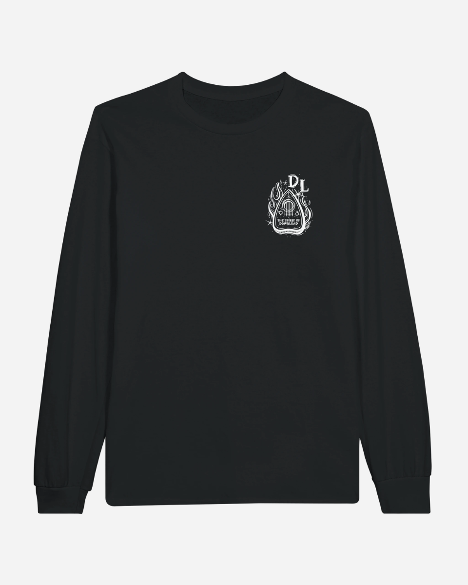 The Download Ouija Board Black Long-Sleeve T-Shirt from Download Festival Shop is a unisex, classic-fit shirt crafted from breathable material for all-day comfort and style. Featuring a white Ouija planchette graphic and “C U L8R, Paranormal Detour Club” text on the left chest, this black long-sleeve tee is perfect for any occasion.