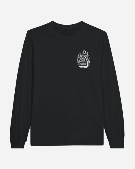 The Download Ouija Board Black Long-Sleeve T-Shirt from Download Festival Shop is a unisex, classic-fit shirt crafted from breathable material for all-day comfort and style. Featuring a white Ouija planchette graphic and “C U L8R, Paranormal Detour Club” text on the left chest, this black long-sleeve tee is perfect for any occasion.