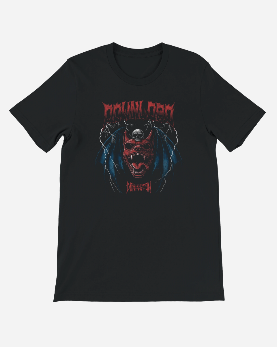 Black t-shirt with a graphic design of a demon face and text on a white background