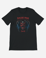 Black t-shirt with a graphic design of a demon face and text on a white background