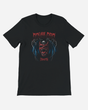 Black t-shirt with a graphic design of a demon face and text on a white background