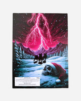 Experience the Download Advent Calendar by 2025: three black cats trek toward a mountain beneath vivid pink lightning and snowy trees, while a Santa hat-topped skull rests on the snow—an unforgettable surreal winter scene.