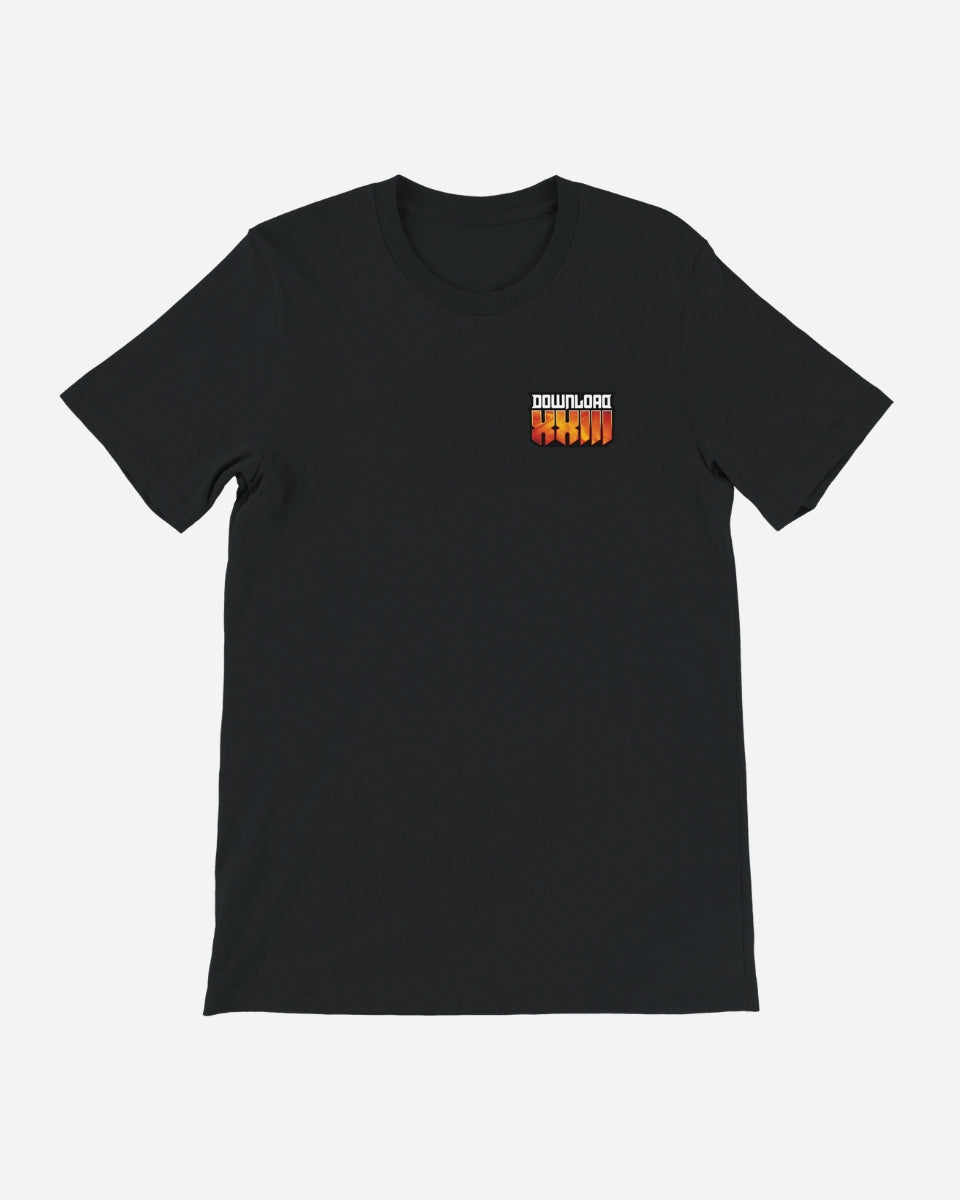 The DLXXIII Legends Of The Page Black T-Shirt from Download Festival Shop features a small DOWNLOAD graphic with four orange figures on the chest, printed on soft Airlume cotton for comfort.
