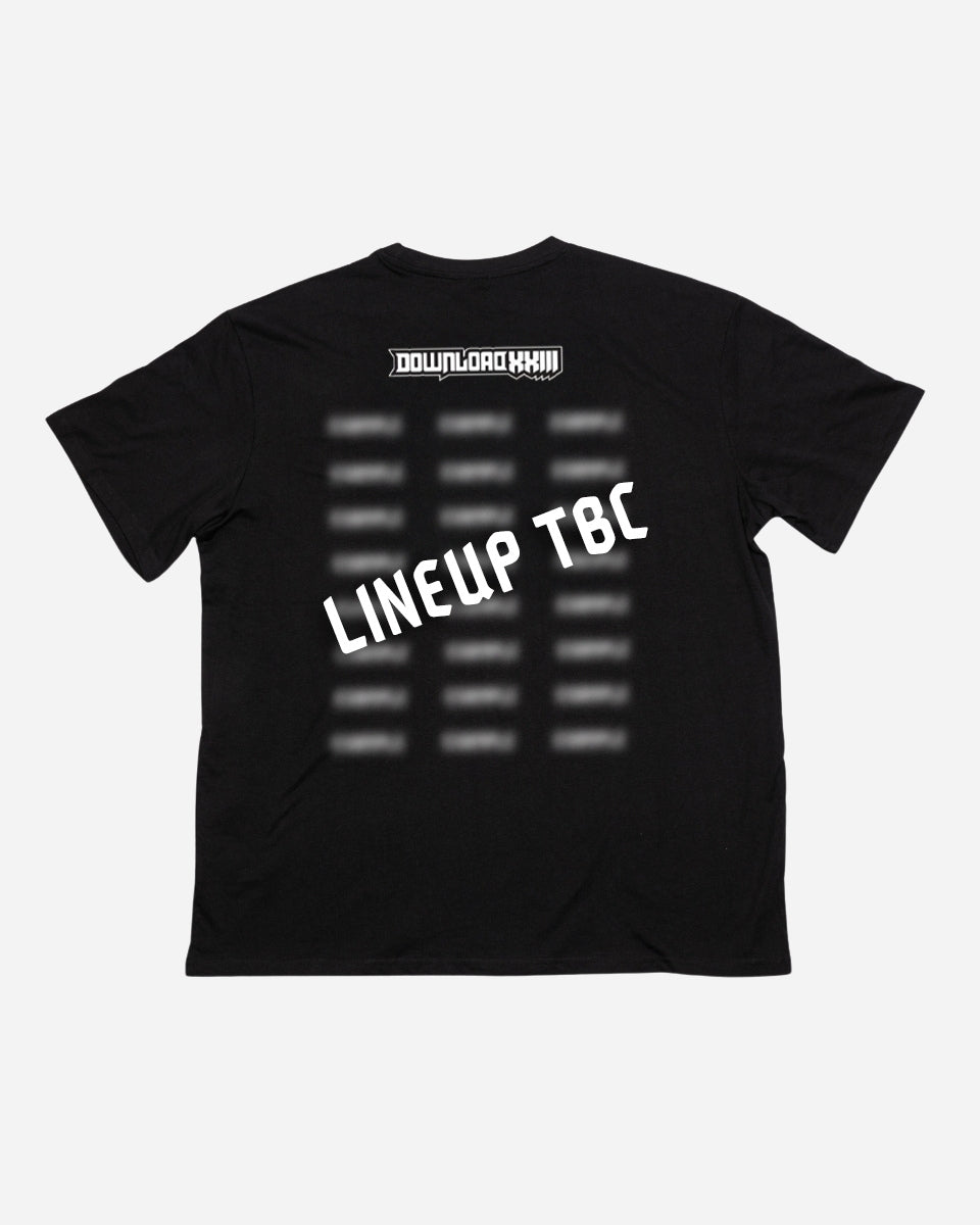 PRE-ORDER the 2026 Exclusive Line-Up T-Shirt from Download Festival Shop: features blurred text columns, “LINEUP TBC” in white diagonally on the back, and a “DOWNLOAD XXIII” logo at the top.