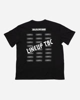 PRE-ORDER the 2026 Exclusive Line-Up T-Shirt from Download Festival Shop: features blurred text columns, “LINEUP TBC” in white diagonally on the back, and a “DOWNLOAD XXIII” logo at the top.