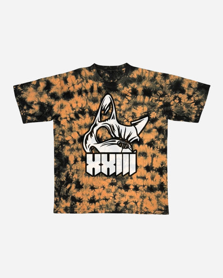 The PRE-ORDER 2026 Exclusive Tie Dye Line-Up T-Shirt from Download Festival Shop features a black and orange tie dye design with a large stylized dog face and bold white “XXIII” text on the front.