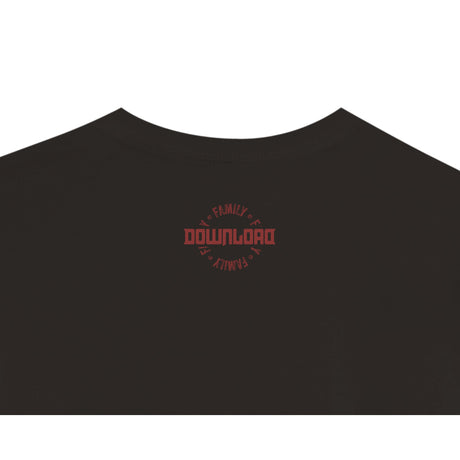 Close up Download Family logo printed to back neck of the black t-shirt.