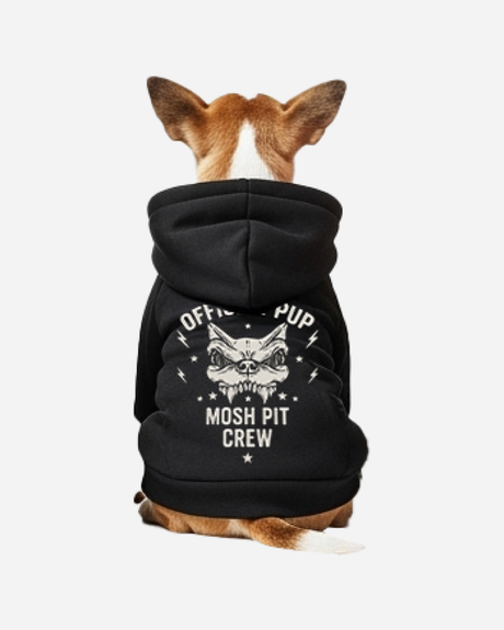 A small brown and white dog faces away, wearing the Download 2026 Mosh Pit Crew Dog Hoody featuring a cat face graphic and "Official Pup Mosh Pit Crew" printed on the back.