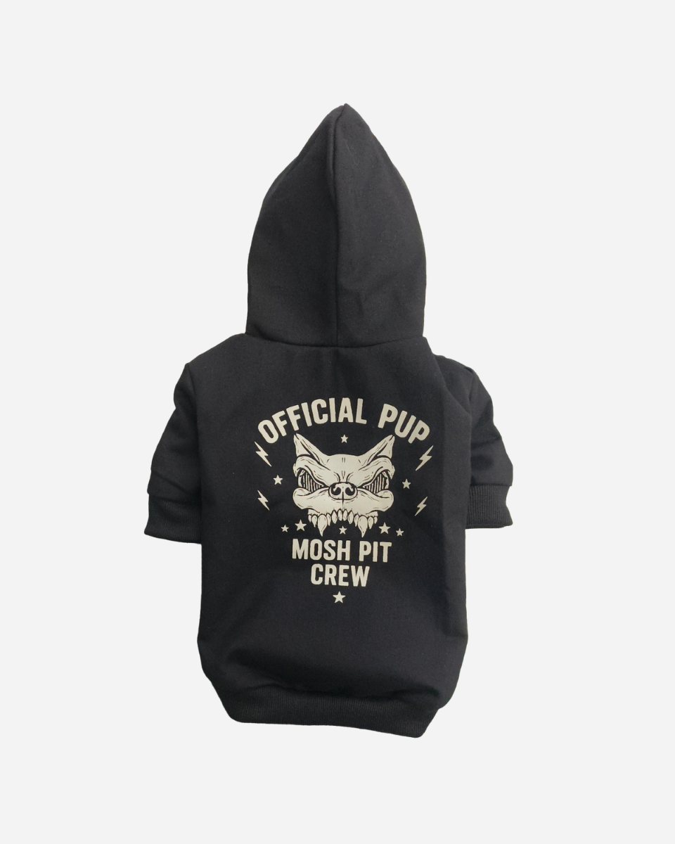 The Download 2026 Mosh Pit Crew Dog Hoody is a black dog hoodie with a hood, featuring a skull with dog ears and "OFFICIAL PUP MOSH PIT CREW" printed in bold white on the back.