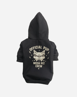 The Download 2026 Mosh Pit Crew Dog Hoody is a black dog hoodie with a hood, featuring a skull with dog ears and "OFFICIAL PUP MOSH PIT CREW" printed in bold white on the back.