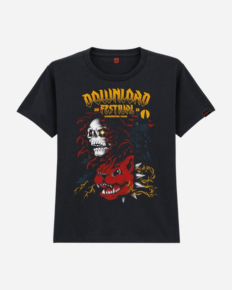 Black Kids Download Castle 2025 T-Shirt by 2025 brand, with bold yellow Download Castle 2025 text, a white skull above a red, snarling dog with metal fangs, lightning bolts, and swirling dark clouds.
