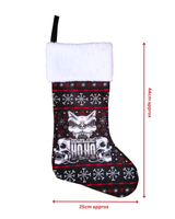 The Seasonal Download Christmas Stocking features black fabric with white faux fur trim, skulls, snowflakes, and "Download Ho Ho Ho" text. Measures 44 cm tall by 25 cm wide—ideal for Download Dog fans.