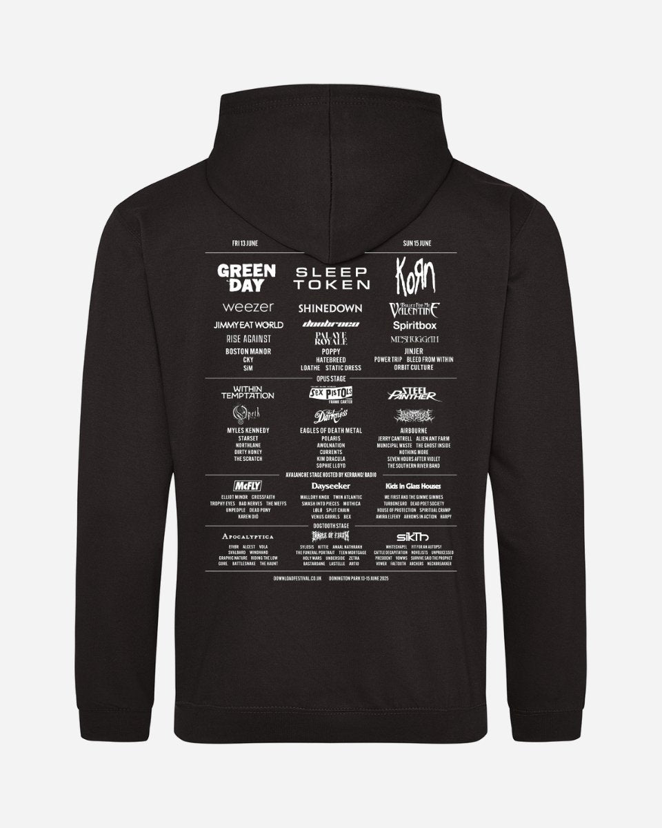 The Dungeon Gate 2025 Event Hoodie by 2025 is a black hoodie with a hood, featuring band names and logos in white on the back, arranged in columns and rows like a concert lineup.