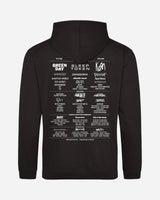 The Dungeon Gate 2025 Event Hoodie by 2025 is a black hoodie with a hood, featuring band names and logos in white on the back, arranged in columns and rows like a concert lineup.