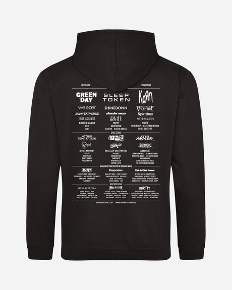 The Dungeon Gate 2025 Event Hoodie by 2025 is a black hoodie with a hood, featuring band names and logos in white on the back, arranged in columns and rows like a concert lineup.