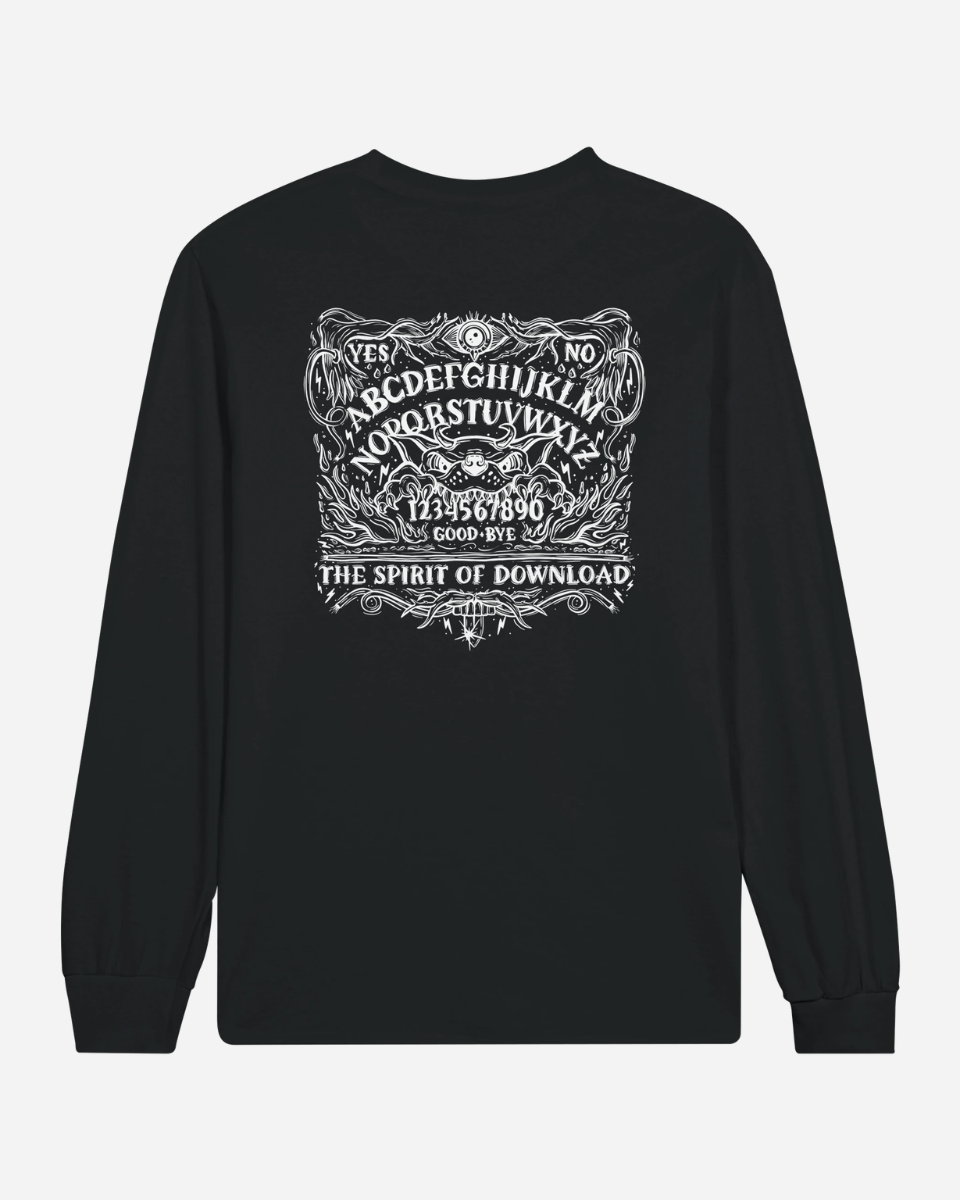 The Download Ouija Board Black Long-Sleeve T-Shirt from Download Festival Shop is a black unisex shirt with a classic fit, made from breathable fabric. The back showcases an eye-catching white ouija board design with ornate lettering featuring the alphabet, numbers, YES, NO, GOOD BYE, and the phrase “THE SPIRIT OF DOWNLOAD” within decorative borders.