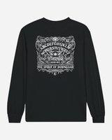 The Download Ouija Board Black Long-Sleeve T-Shirt from Download Festival Shop is a black unisex shirt with a classic fit, made from breathable fabric. The back showcases an eye-catching white ouija board design with ornate lettering featuring the alphabet, numbers, YES, NO, GOOD BYE, and the phrase “THE SPIRIT OF DOWNLOAD” within decorative borders.