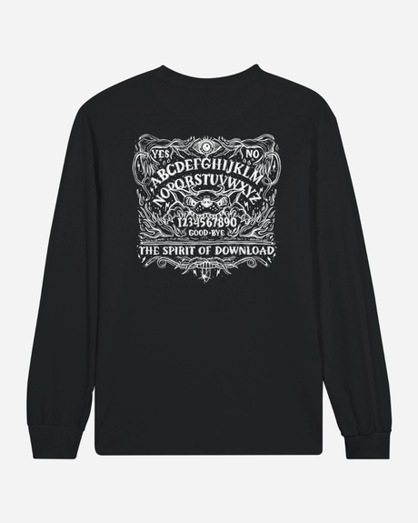 The Download Ouija Board Black Long-Sleeve T-Shirt from Download Festival Shop is a black unisex shirt with a classic fit, made from breathable fabric. The back showcases an eye-catching white ouija board design with ornate lettering featuring the alphabet, numbers, YES, NO, GOOD BYE, and the phrase “THE SPIRIT OF DOWNLOAD” within decorative borders.
