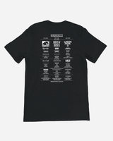 Black t-shirt with white text on the back on a white background