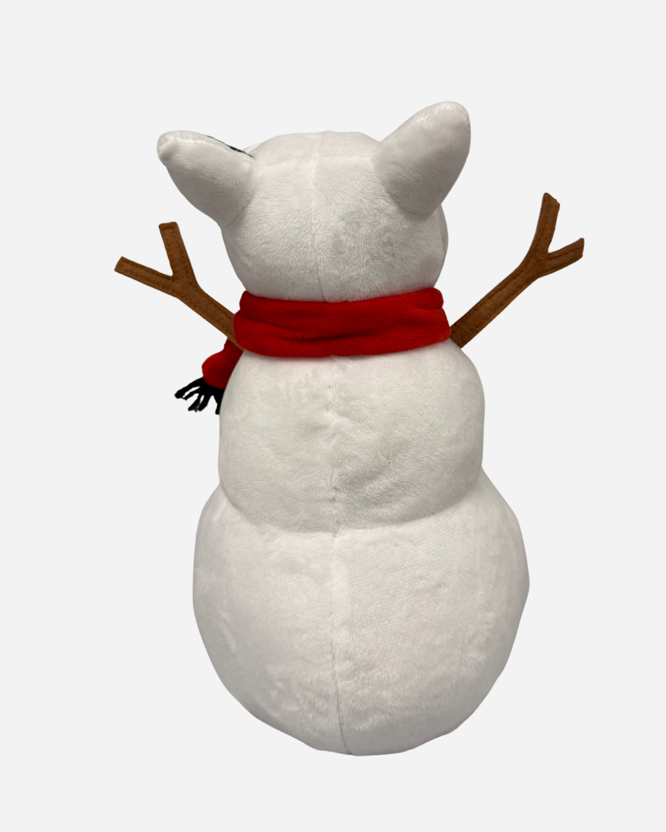 A Download Snowdog Plush by Download 2026 is shown from behind, featuring two stick arms, a white body, pointy ears, and a red scarf around its neck against a plain white background.