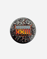 The Download Family Collector's Coin by 2025 is a limited edition round metal badge with "DOWNLOAD XXIII" in bold, set against a fiery orange-red background and an industrial metallic border—ideal for any collector.